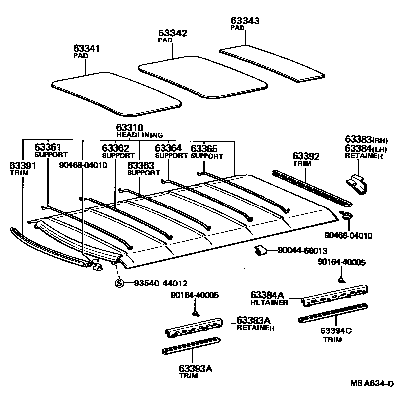 Toyota COROLLA 车顶内衬和消声垫 EPC diagram — MBA634D