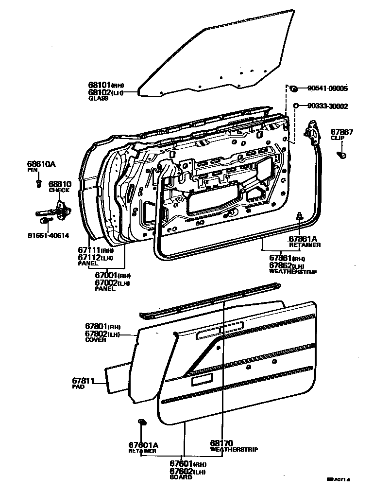Toyota COROLLA 前门板和前门玻璃 EPC diagram — MBA071B