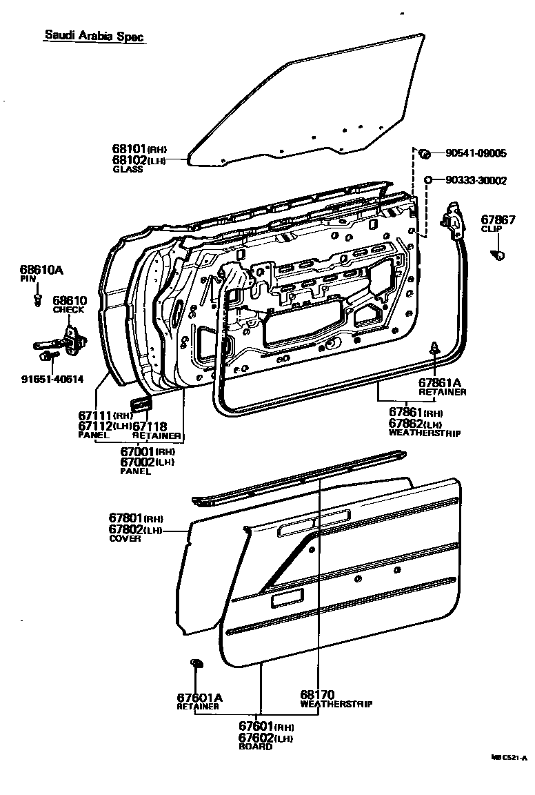 Toyota COROLLA 前门板和前门玻璃 EPC diagram — MBC521A