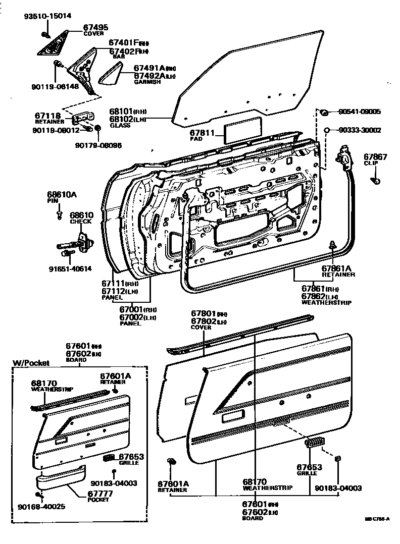 Toyota COROLLA 前门板和前门玻璃 EPC diagram — MBC766A