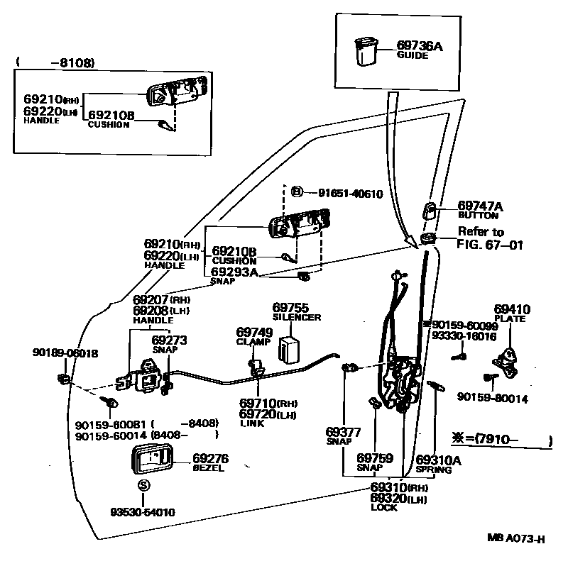 Toyota COROLLA 前门锁和车门把手 EPC diagram — MBA073H