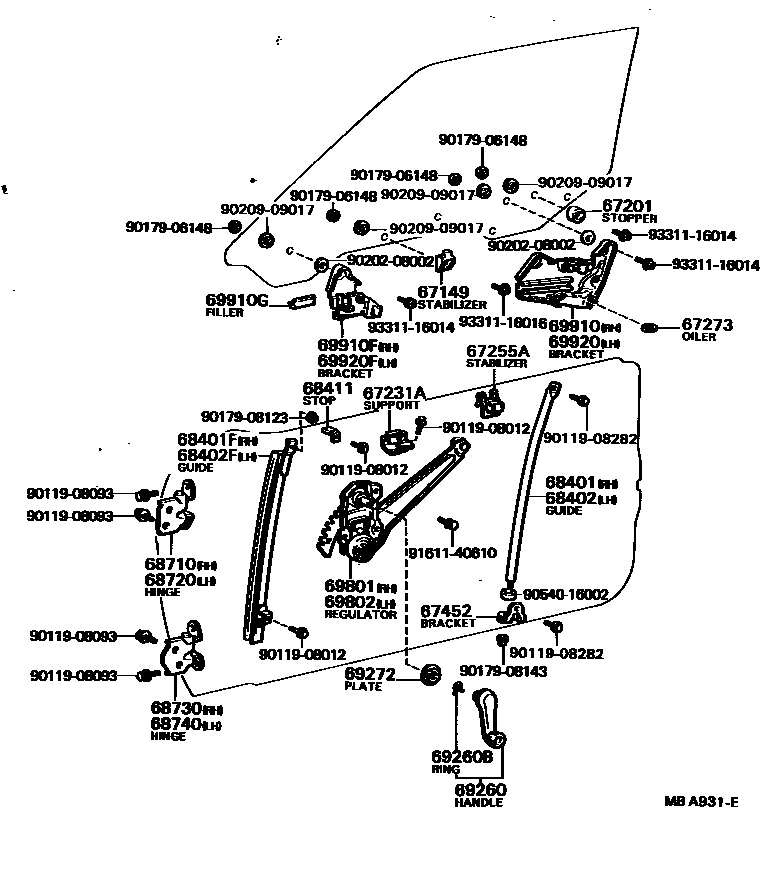 Toyota COROLLA 前门车窗升降器和合页 EPC diagram — MBA931E