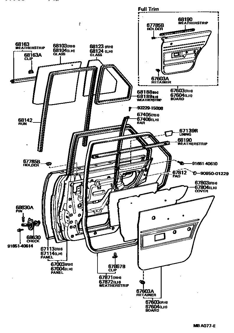 Toyota COROLLA 后门板和后门玻璃 EPC diagram — MBA077E