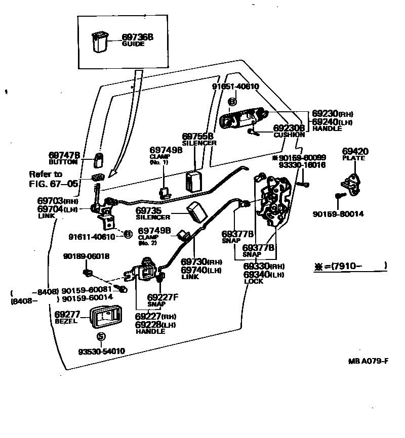 Toyota COROLLA 后门锁和后门把手 EPC diagram — MBA079F
