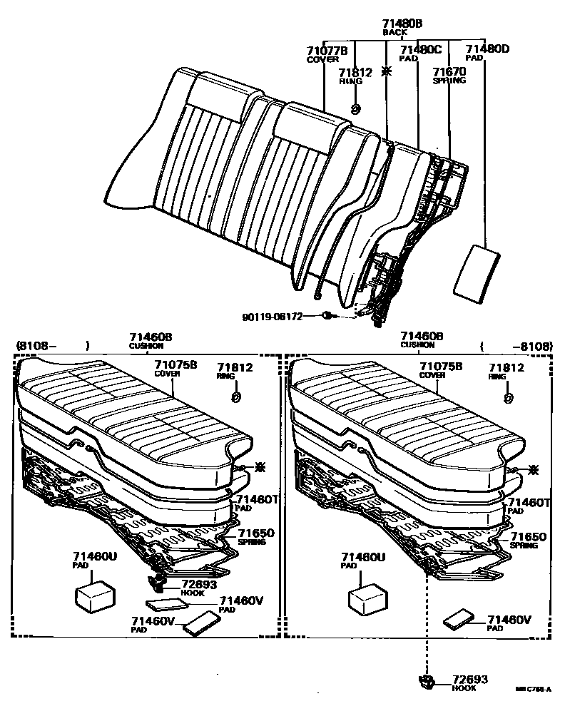 Toyota COROLLA 后排座椅和座椅滑轨 EPC diagram — MBC768A