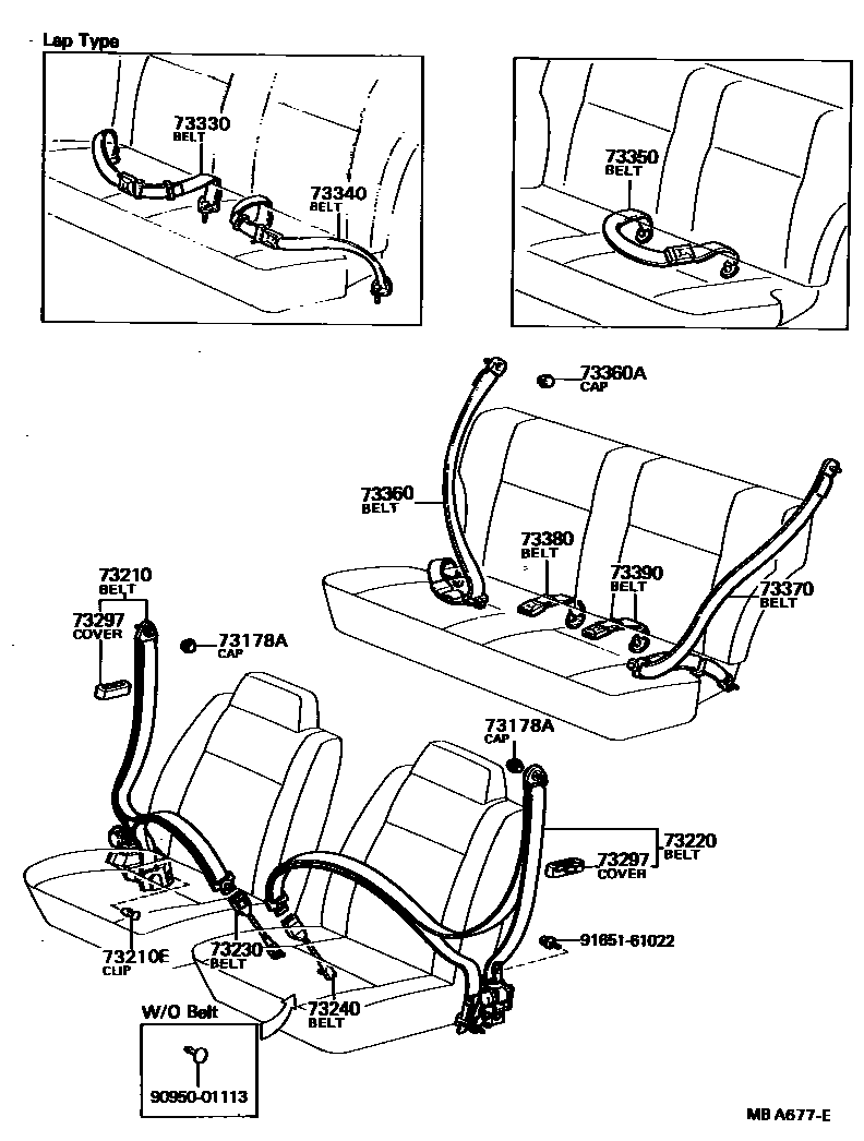 Toyota COROLLA 安全带和儿童保护座椅 EPC diagram — MBA677E