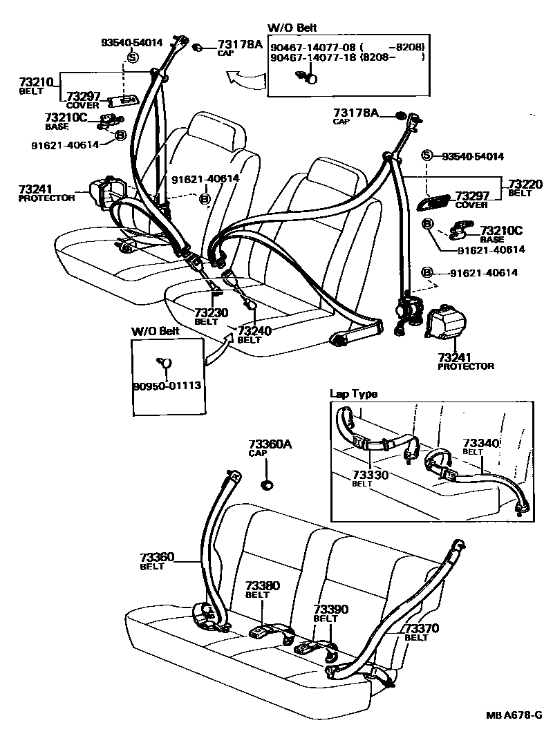 Toyota COROLLA 安全带和儿童保护座椅 EPC diagram — MBA678G