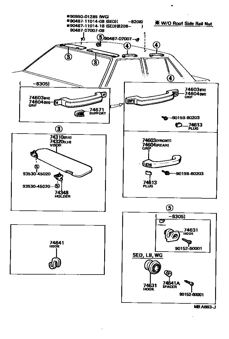Toyota COROLLA 扶手和遮阳板 EPC diagram — MBA683J