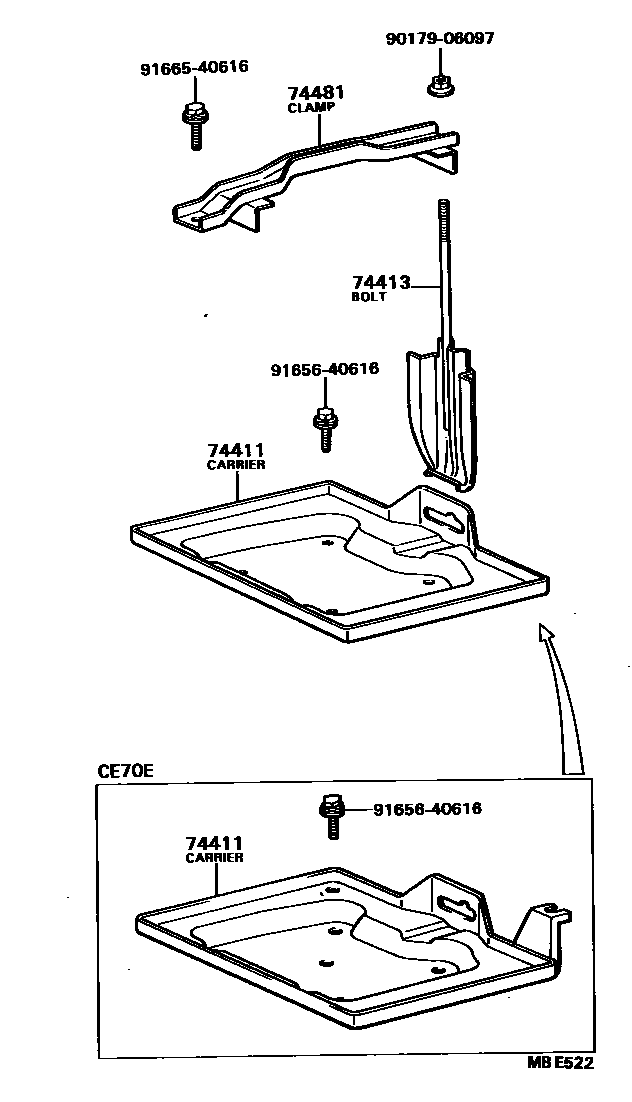 Toyota COROLLA battery holder EPC diagram — MBE522