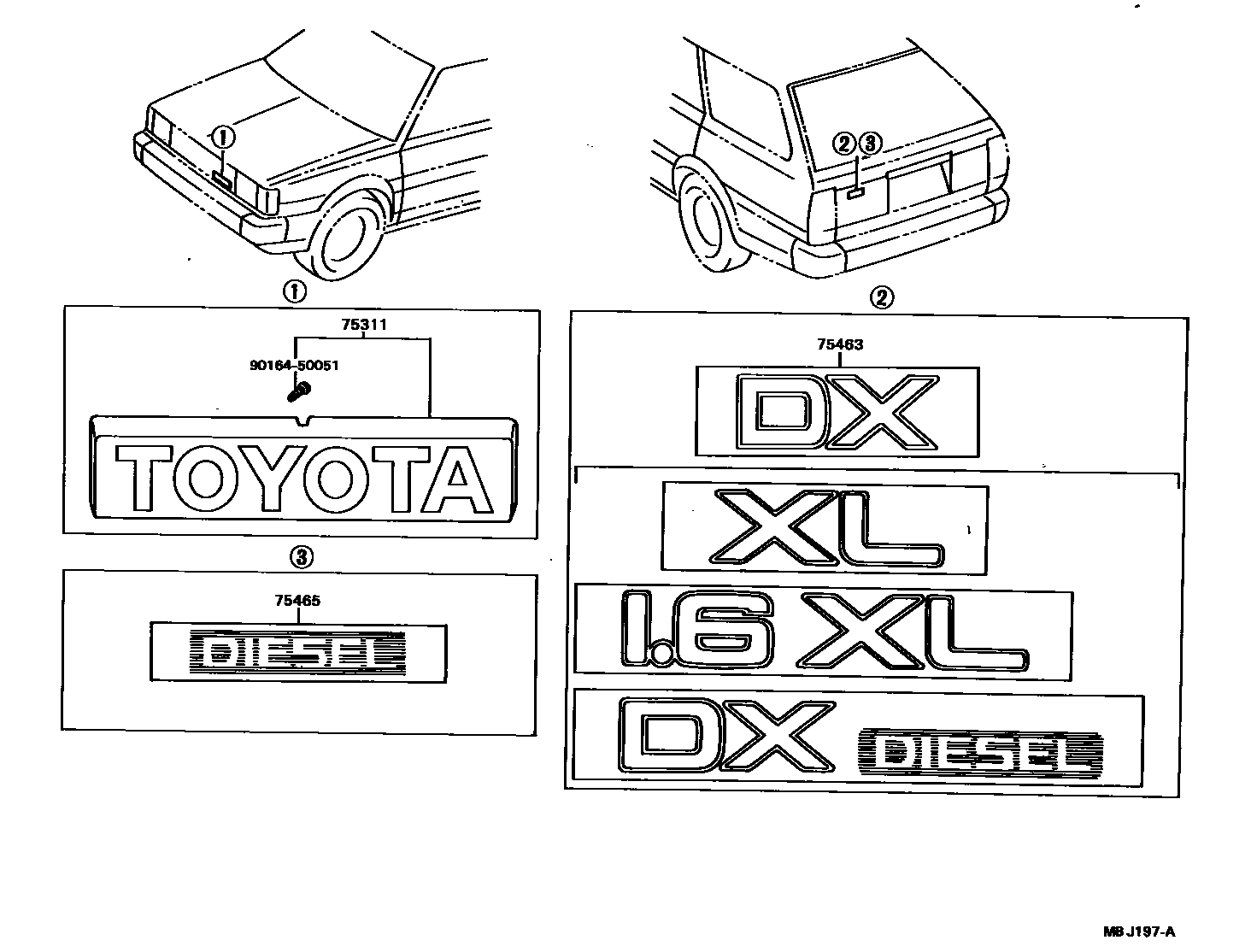 Toyota COROLLA 丰田徽标和铭牌(车外和车内) EPC diagram — MBJ197A