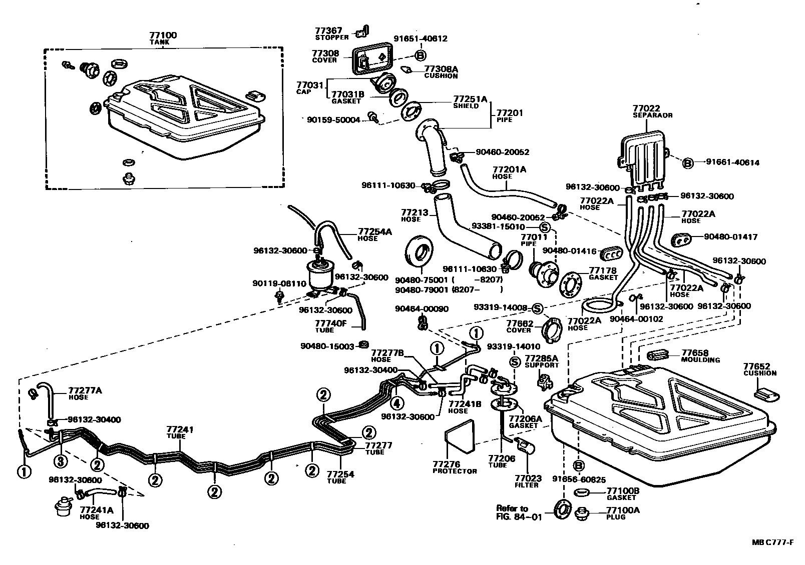 Toyota COROLLA 燃油箱和燃油管 EPC diagram — MBC777F