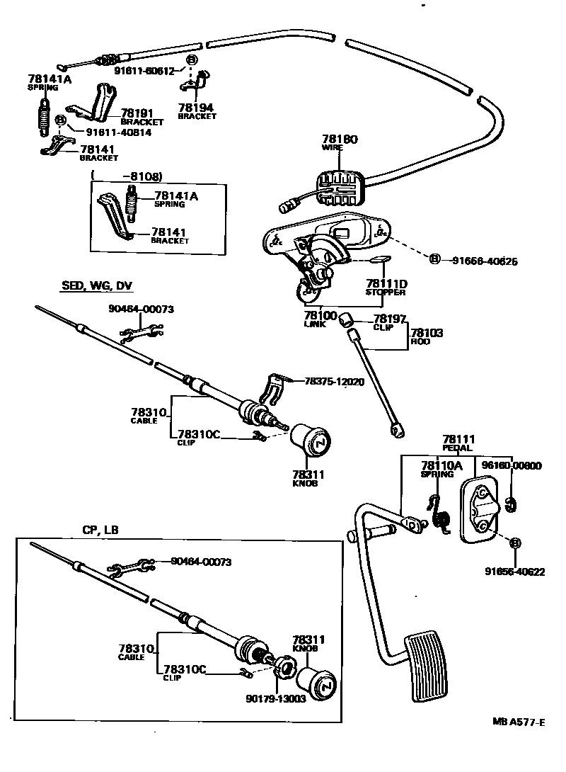 Toyota COROLLA accelerator pedal connecting rod EPC diagram — MBA577E