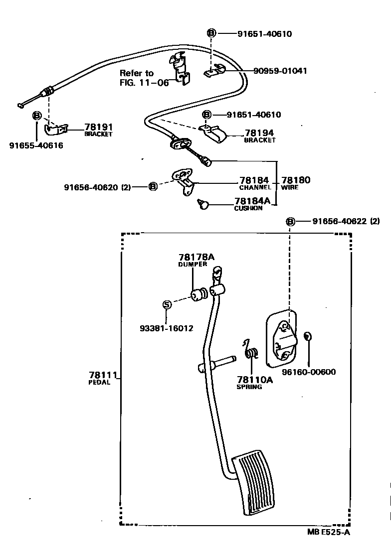Toyota COROLLA accelerator pedal connecting rod EPC diagram — MBE525A