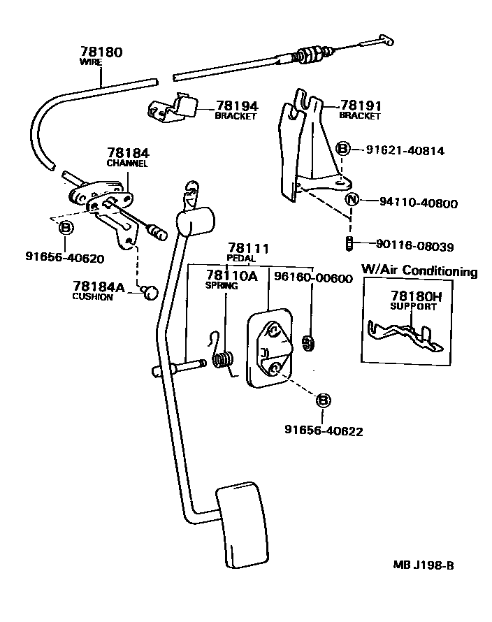 Toyota COROLLA accelerator pedal connecting rod EPC diagram — MBJ198B