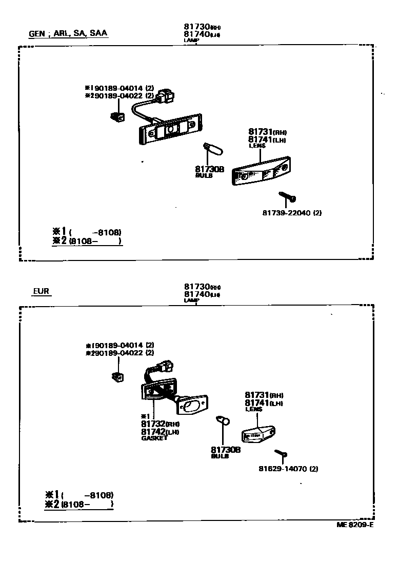 Toyota COROLLA Side Turn Signal & Outer Mirror Lamp EPC diagram — ME8209E