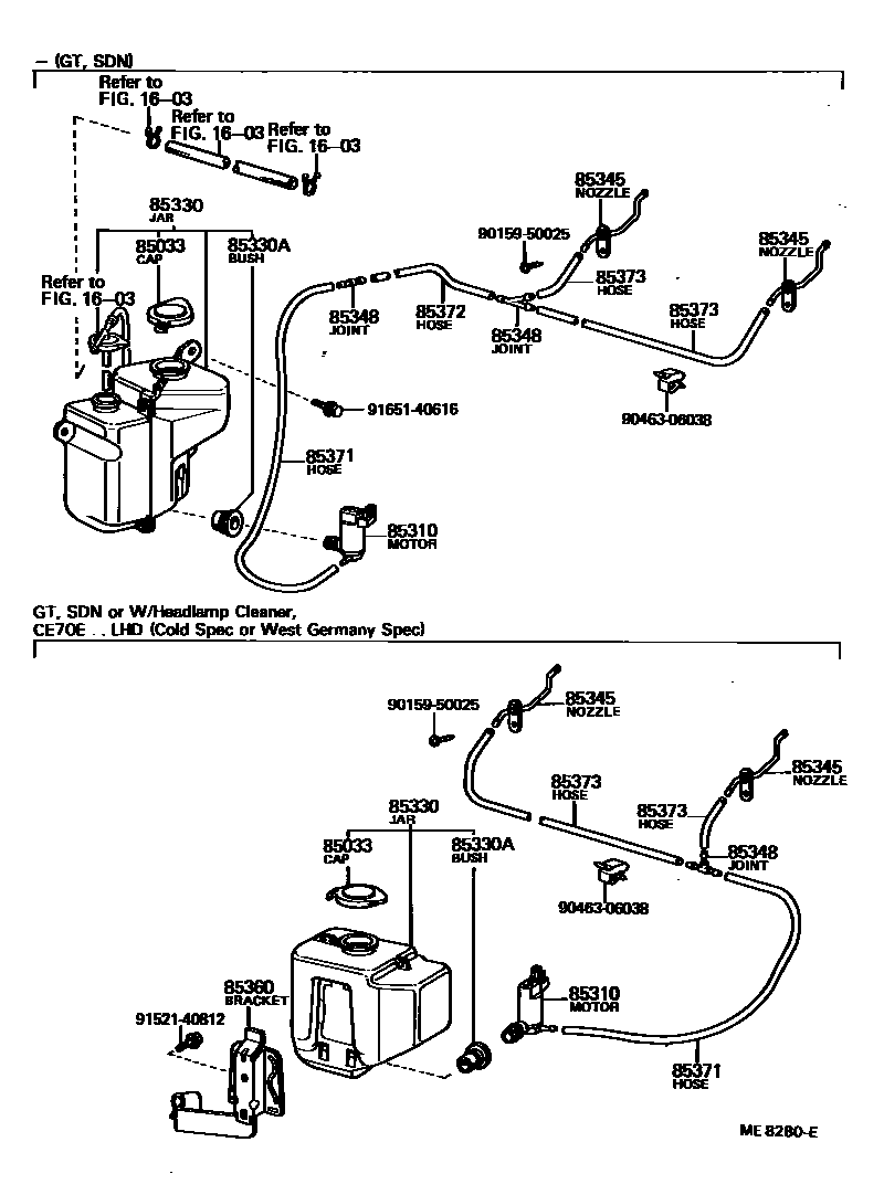 Toyota COROLLA 挡风玻璃清洗器 EPC diagram — ME8280E