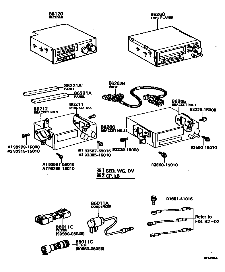 Toyota COROLLA 收音机、放大器和冷凝器 EPC diagram — MEA769A