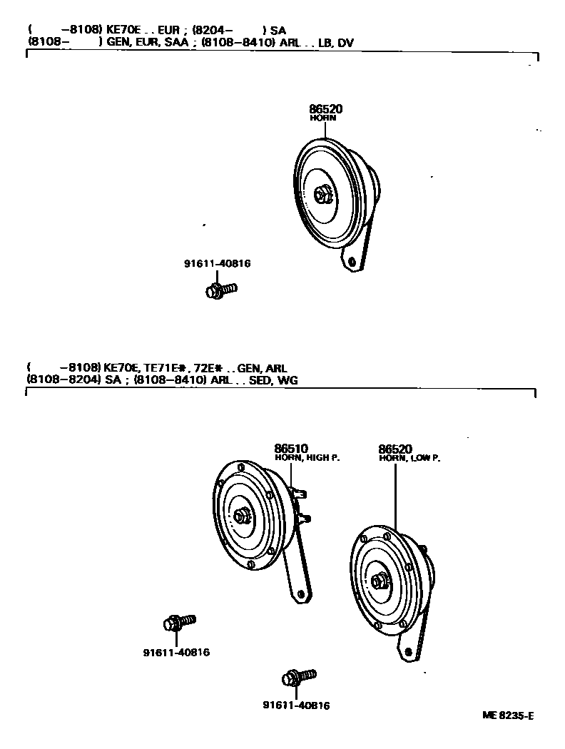 Toyota COROLLA 喇叭 EPC diagram — ME8235E
