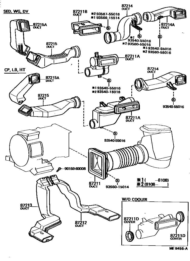 Toyota COROLLA 暖风和空调系统 - 控制器和风管 EPC diagram — MEB456A