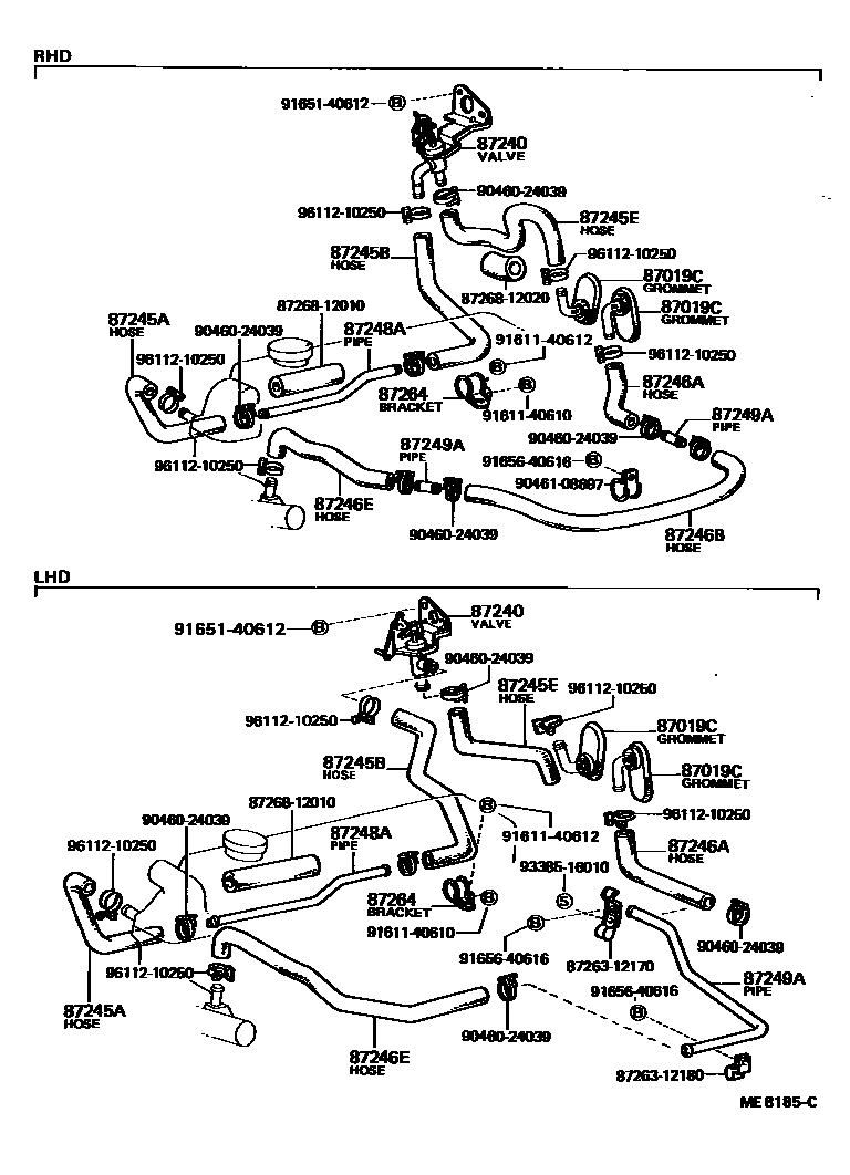 Toyota COROLLA 暖风和空调系统 - 水管 EPC diagram — ME8185C
