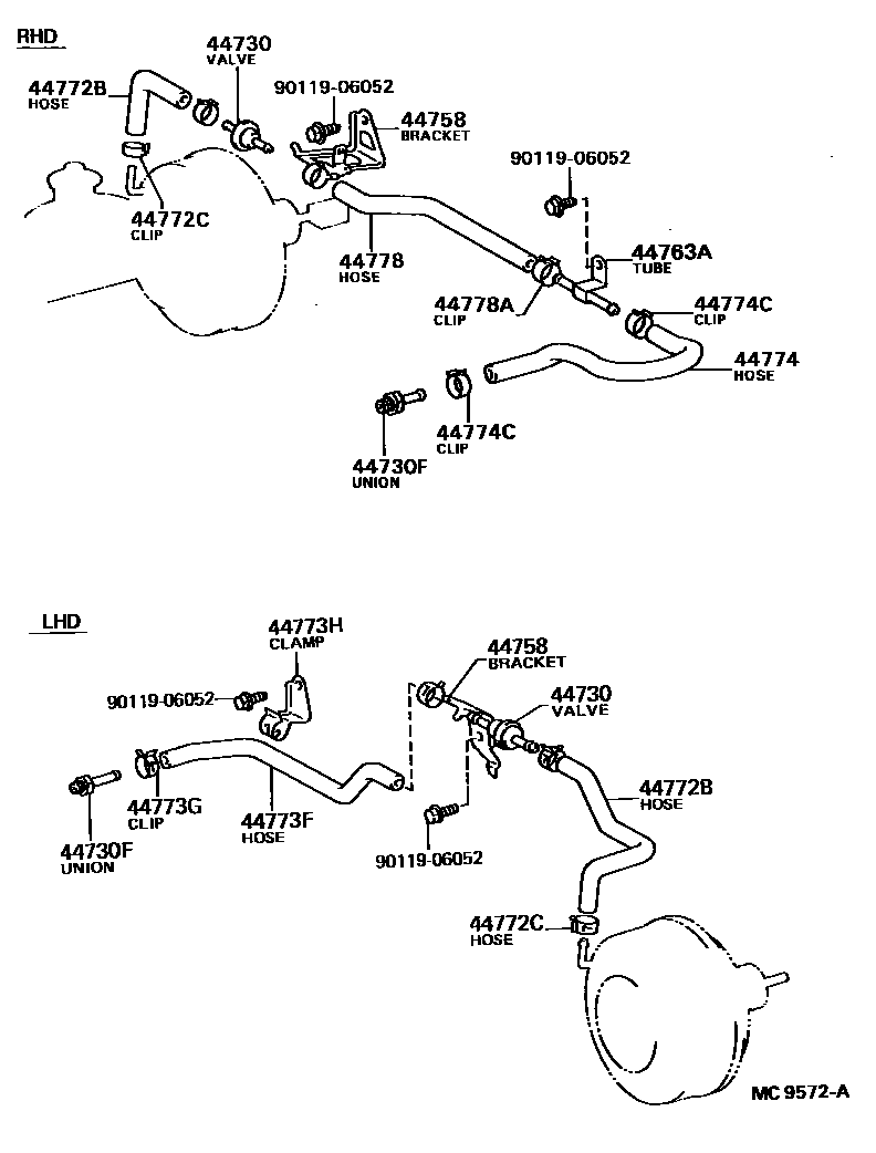 Toyota CAMRY 制动助力器和真空管 EPC diagram — MC9572A