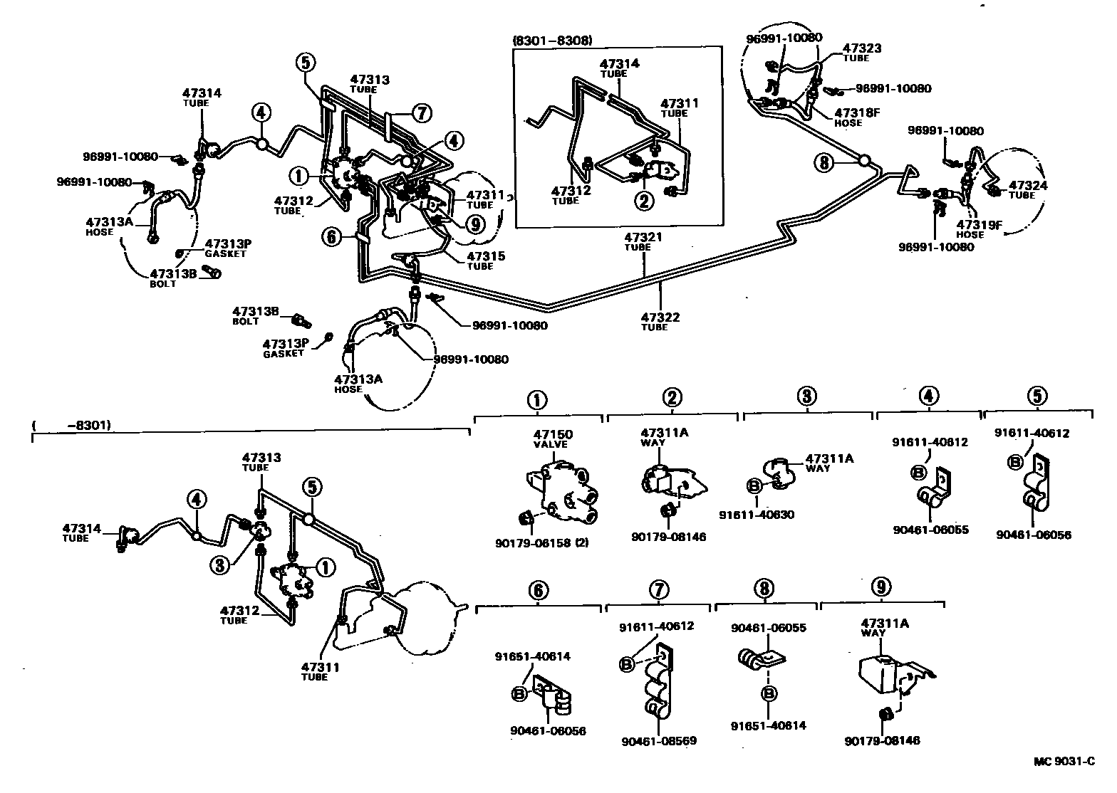 Toyota CAMRY 制动配管和卡箍 EPC diagram — MC9031C