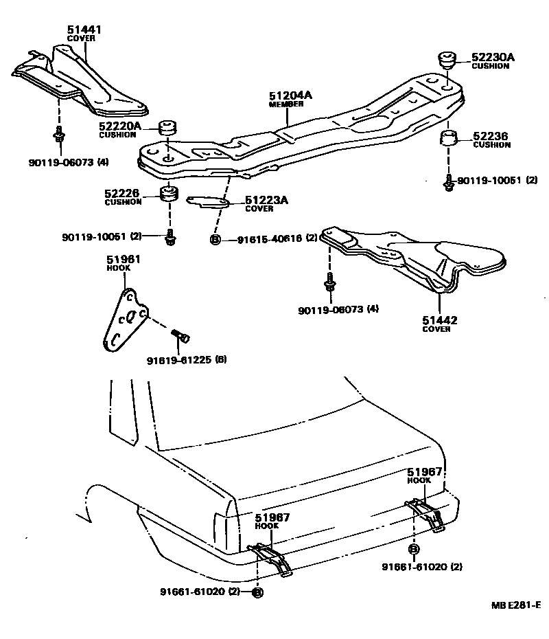 Toyota CAMRY 悬架横梁和发动机底罩 EPC diagram — MBE281E