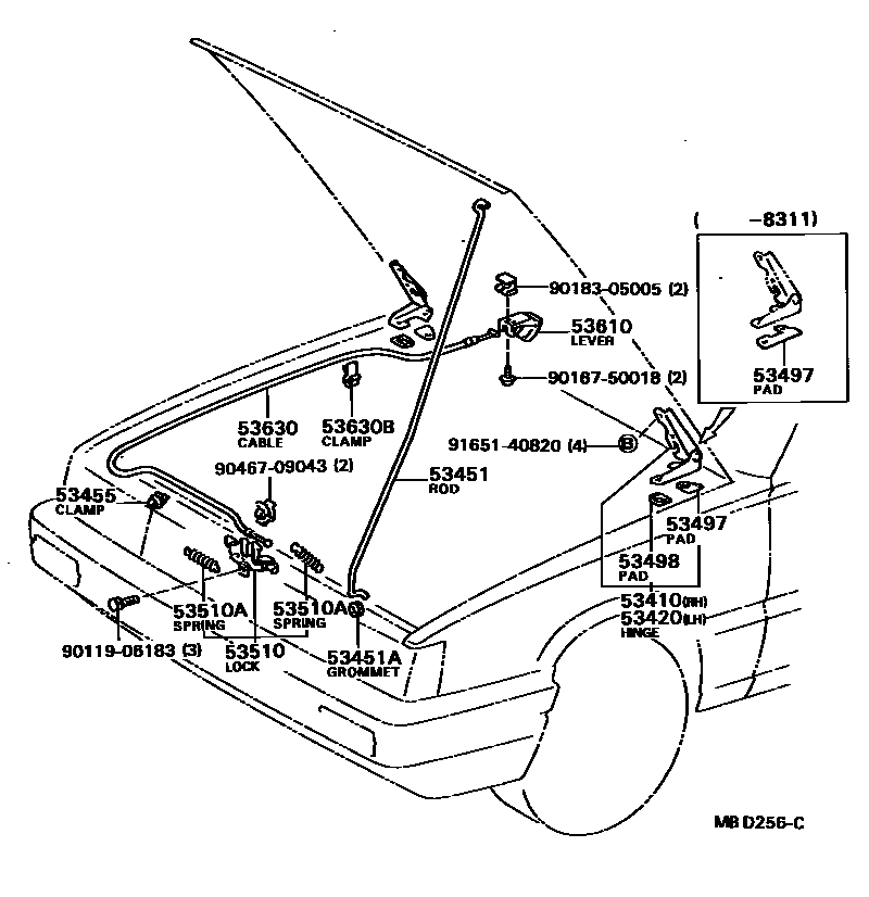 Toyota CAMRY 发动机盖锁和铰链 EPC diagram — MBD256C
