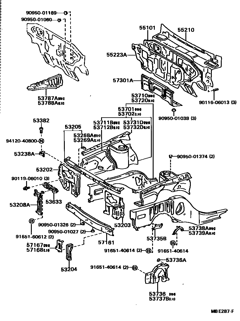 Toyota CAMRY 前翼子板挡泥板和前围板 EPC diagram — MBE287F