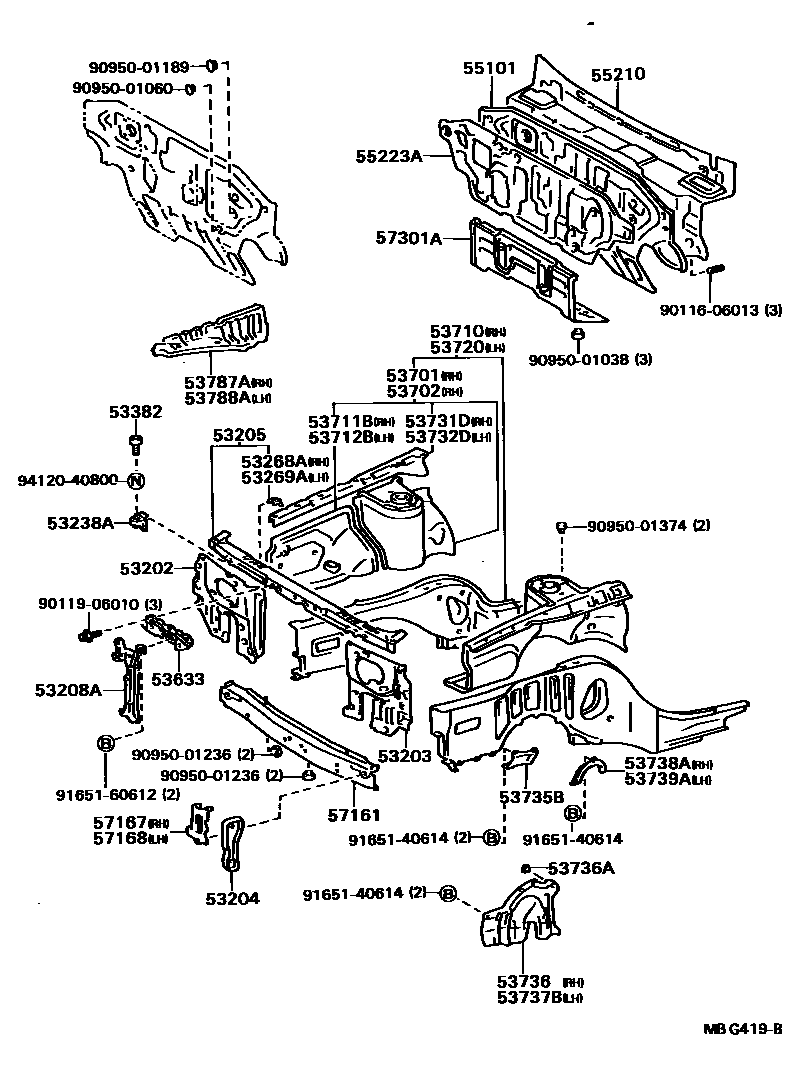Toyota CAMRY 前翼子板挡泥板和前围板 EPC diagram — MBG419B