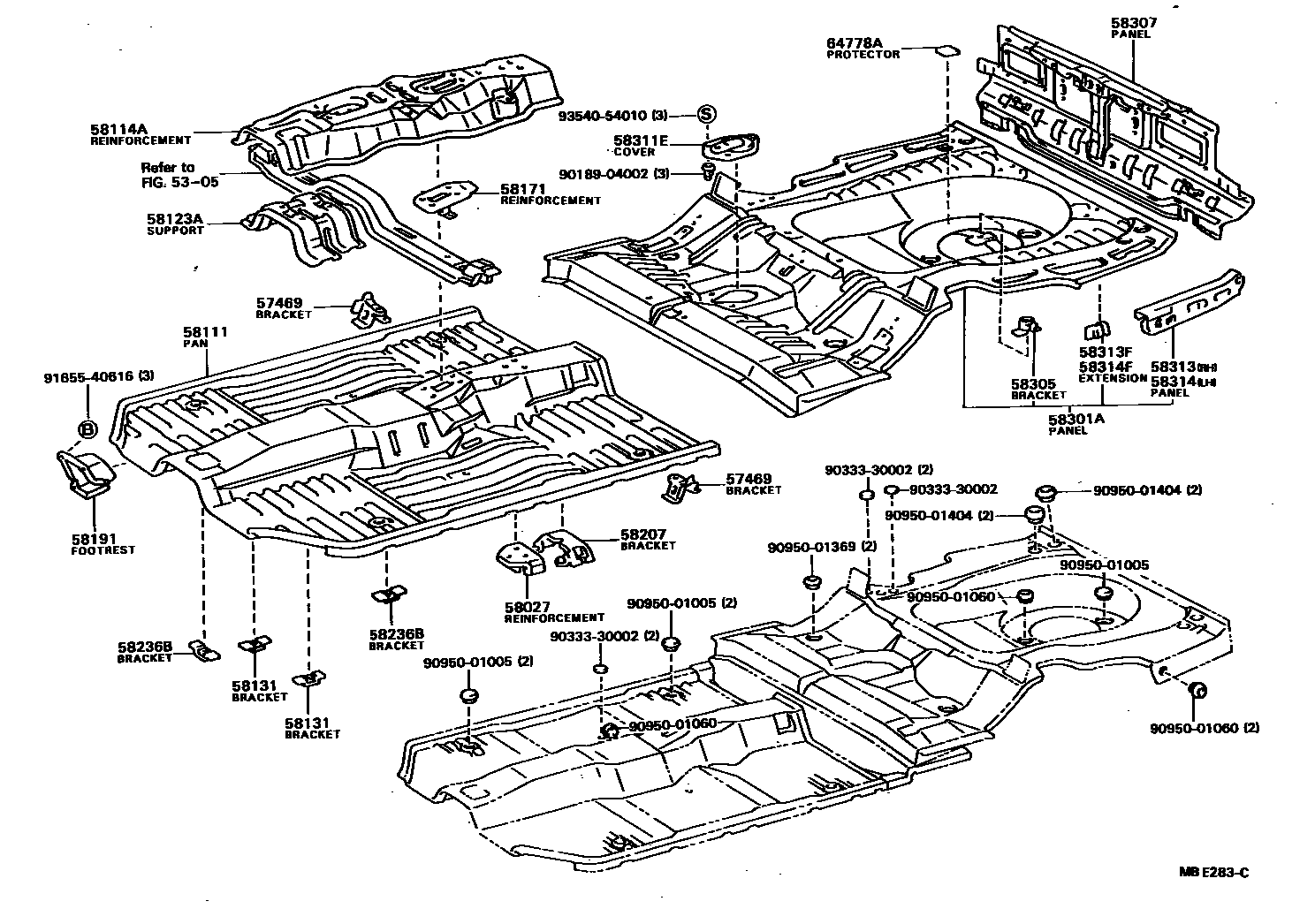 Toyota CAMRY 浅盘形地板和车身下背板 EPC diagram — MBE283C