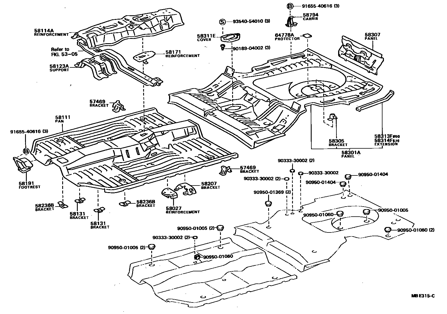 Toyota CAMRY 浅盘形地板和车身下背板 EPC diagram — MBE315C