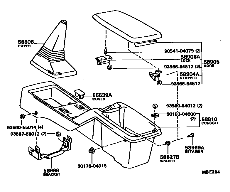 Toyota CAMRY 中央扶手箱和支架 EPC diagram — MBE294