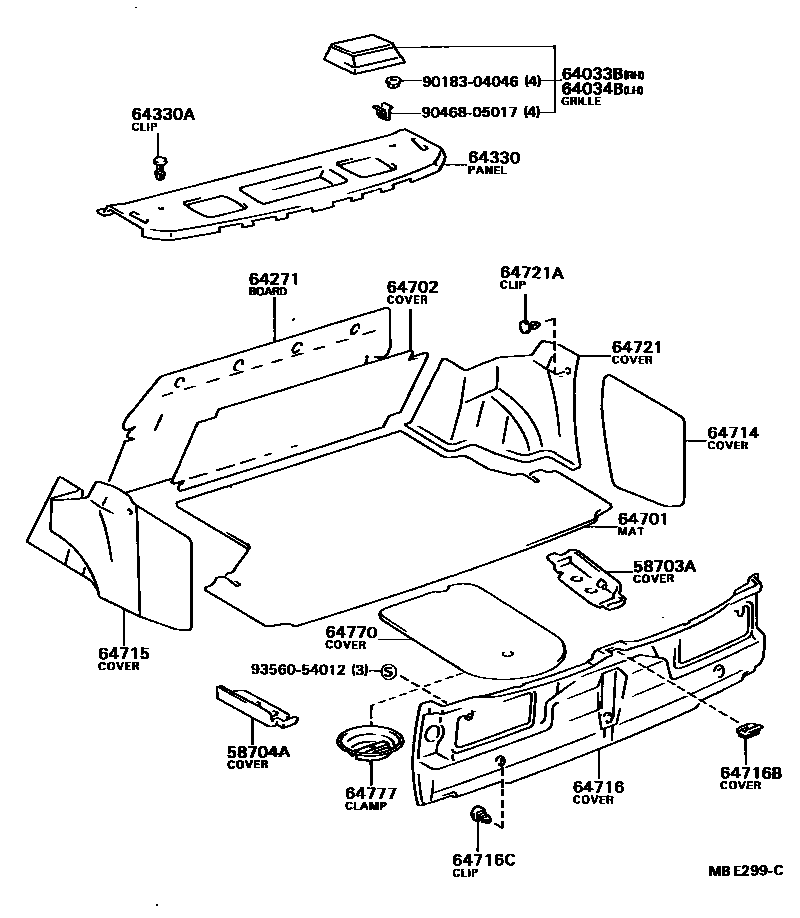 Toyota CAMRY 杂物箱板和行李箱垫 EPC diagram — MBE299C