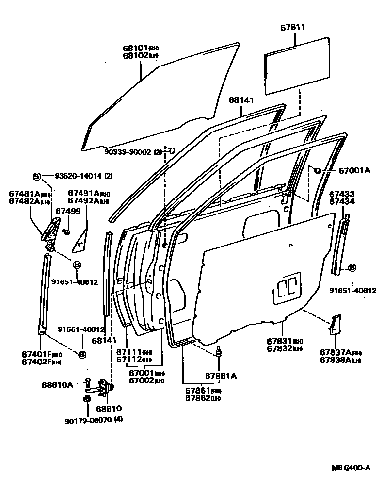 Toyota CAMRY 前门板和前门玻璃 EPC diagram — MBG400A