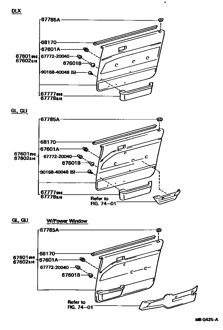 Toyota CAMRY 前门板和前门玻璃 EPC diagram — MBG425A
