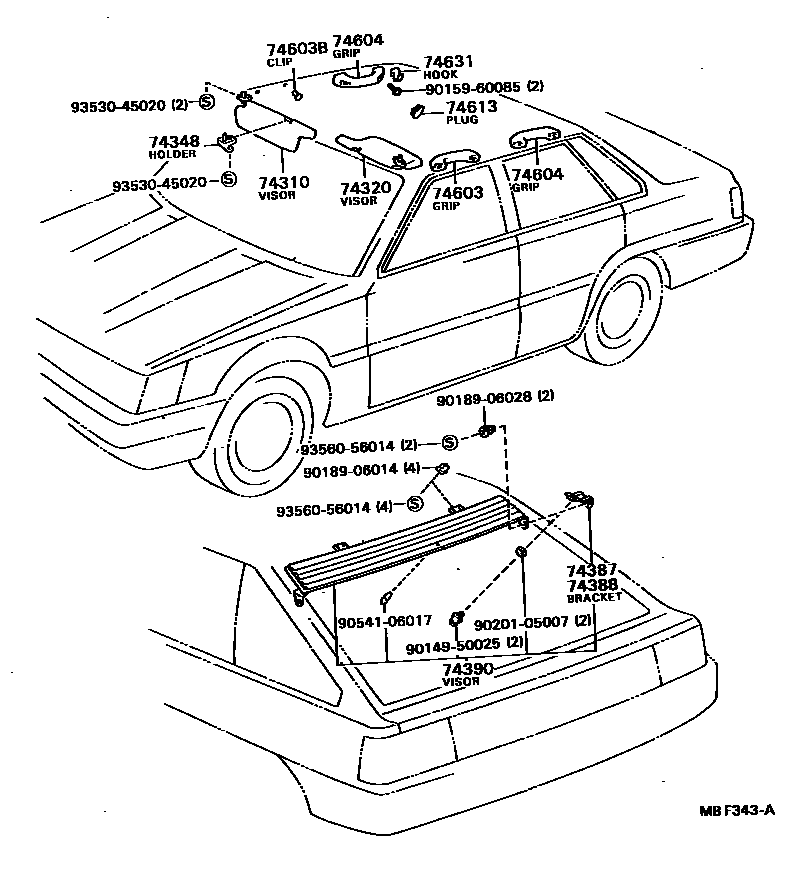 Toyota CAMRY 扶手和遮阳板 EPC diagram — MBF343A