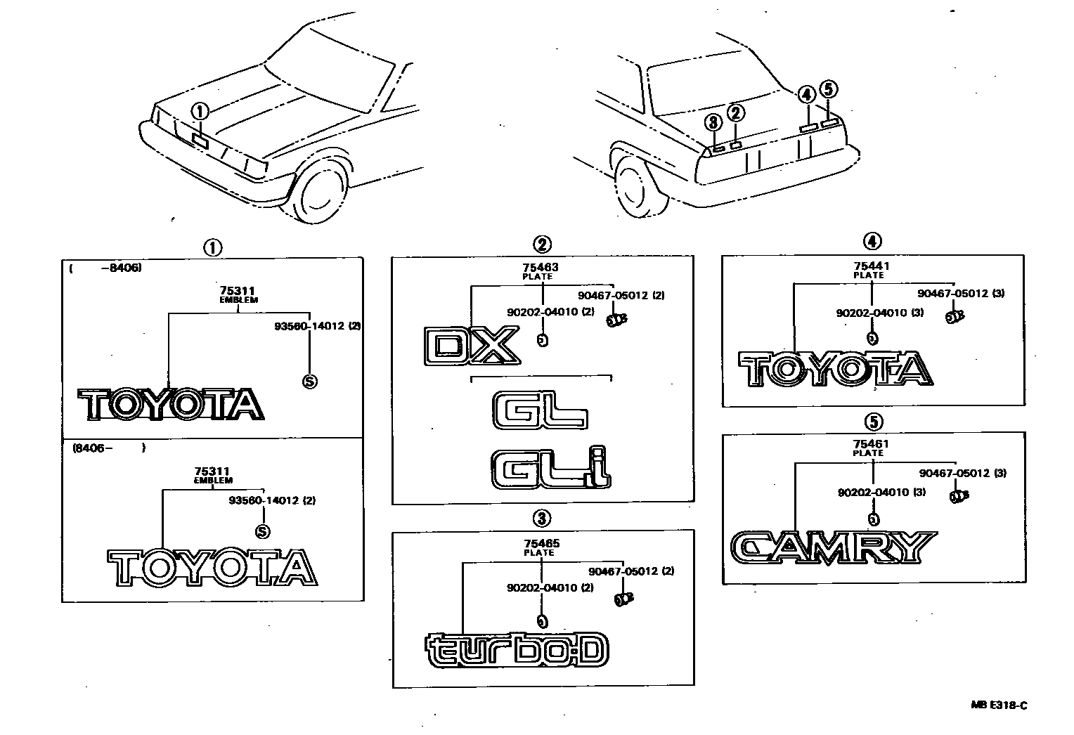 Toyota CAMRY 丰田徽标和铭牌(车外和车内) EPC diagram — MBE318C