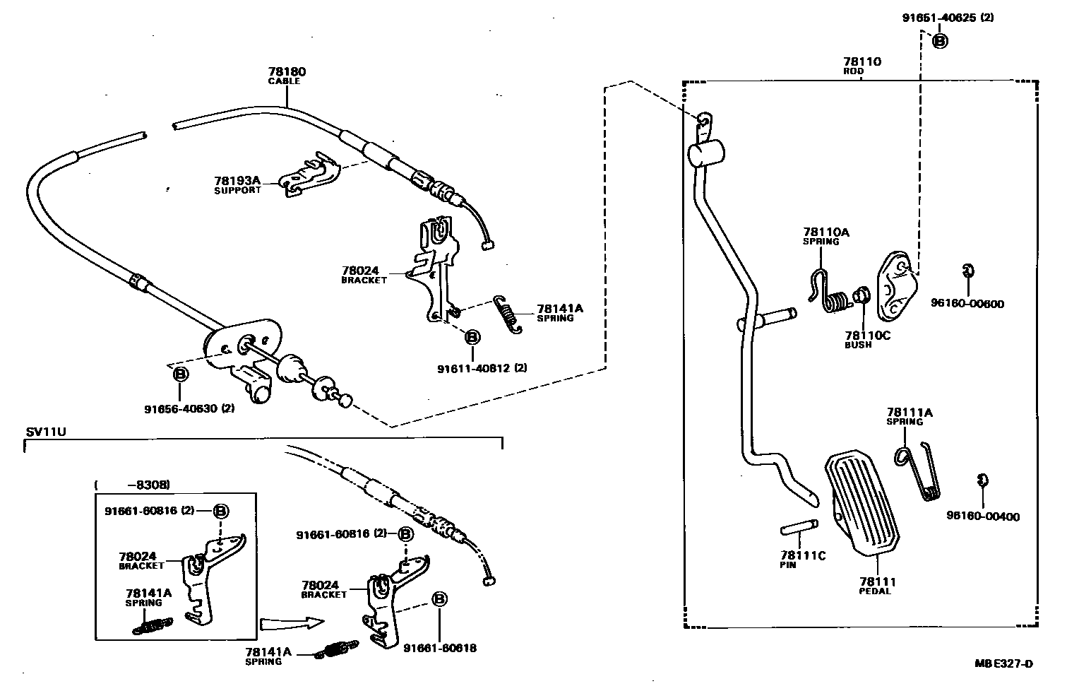 Toyota CAMRY accelerator pedal connecting rod EPC diagram — MBE327D