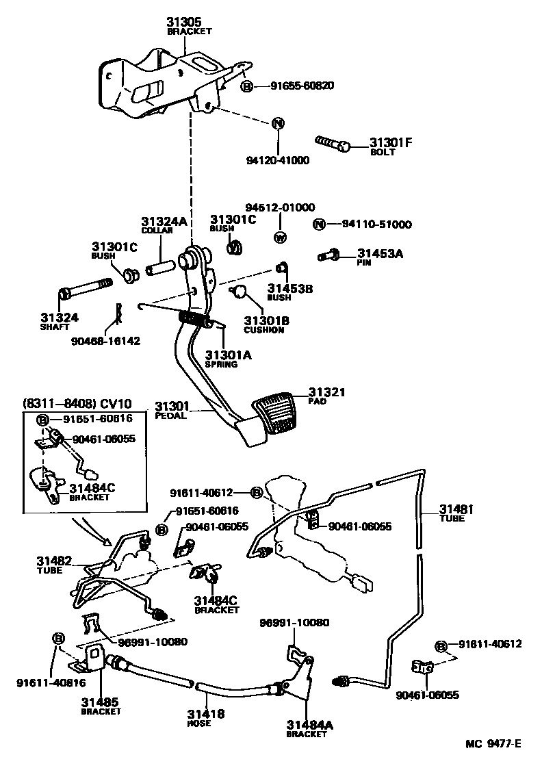 Toyota CAMRY 离合器踏板和挠性软管 EPC diagram — MC9477E