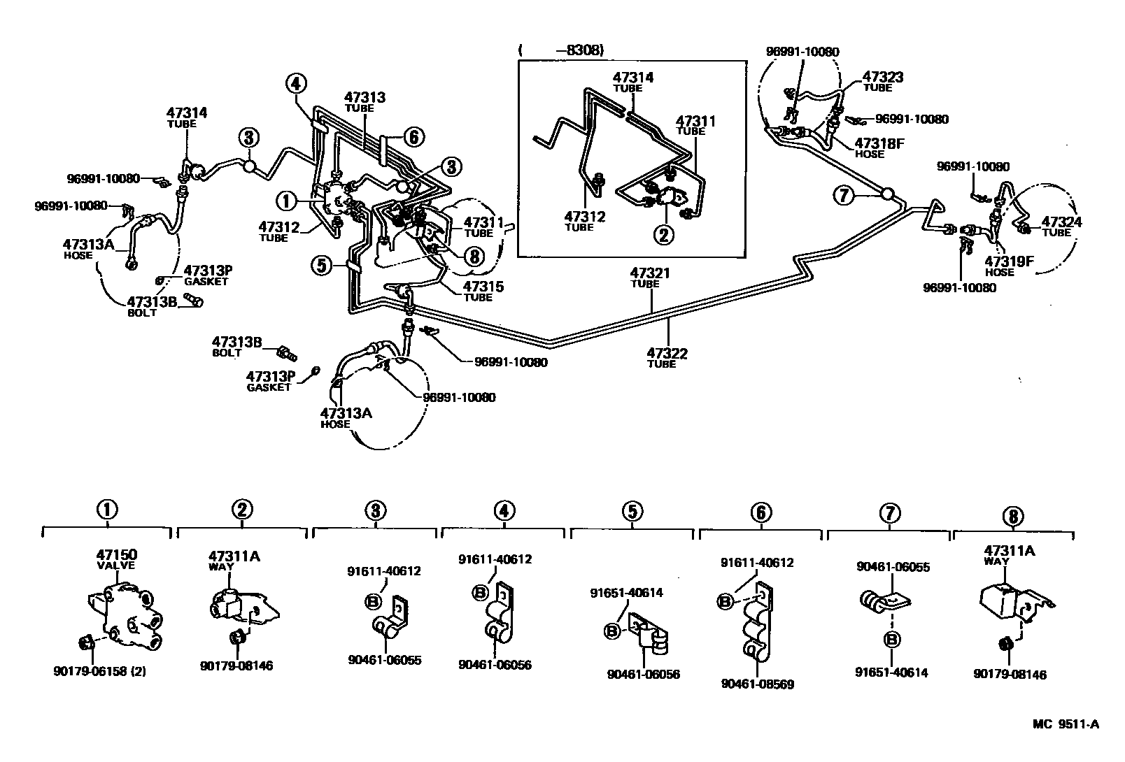 Toyota CAMRY 制动配管和卡箍 EPC diagram — MC9511A