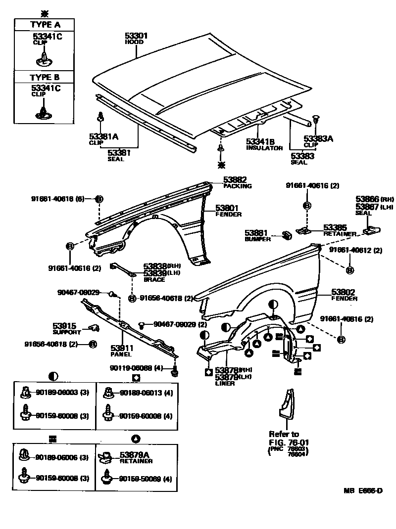Toyota CAMRY 发动机盖和前翼子板 EPC diagram — MBE666D