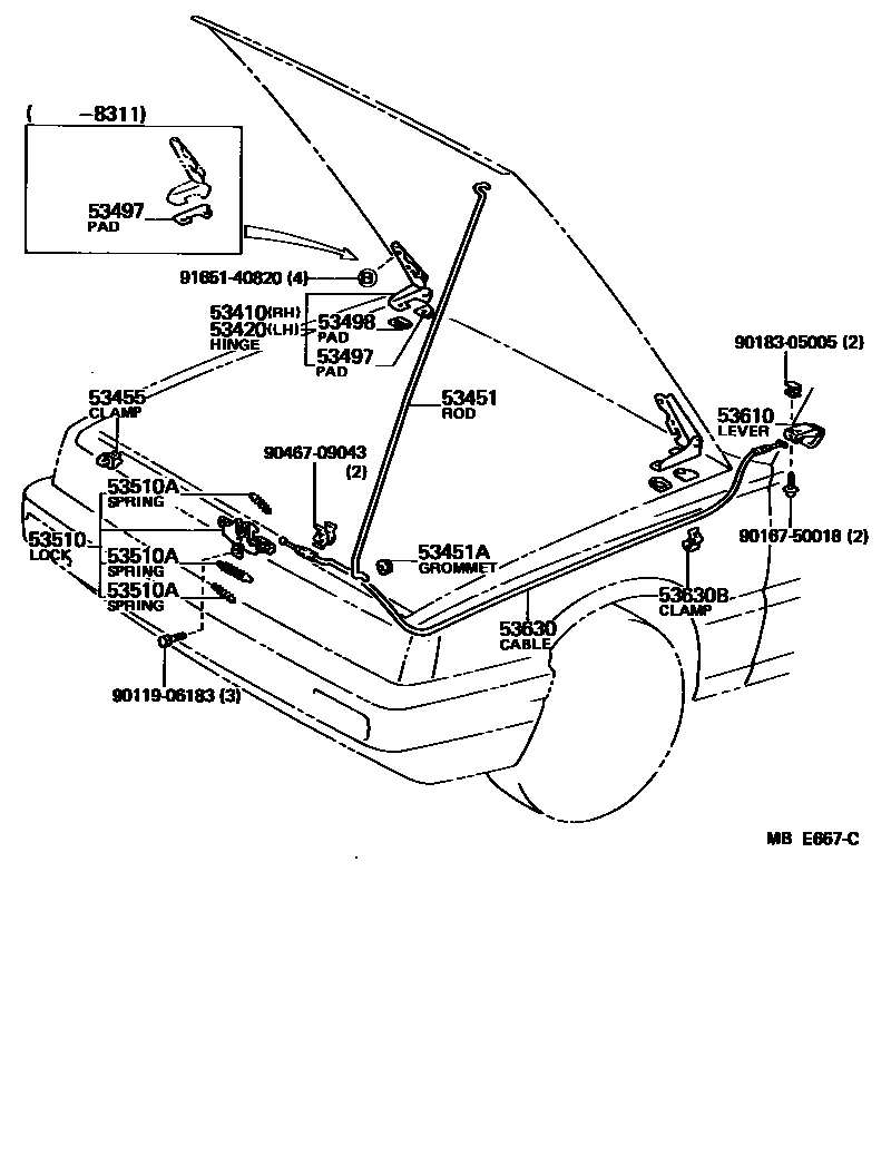 Toyota CAMRY 发动机盖锁和铰链 EPC diagram — MBE667C