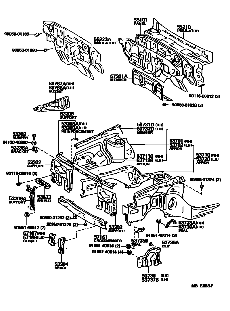 Toyota CAMRY 前翼子板挡泥板和前围板 EPC diagram — MBE668F