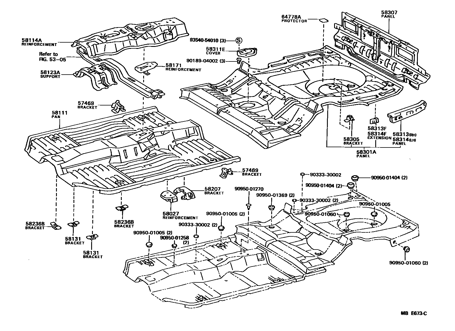 Toyota CAMRY 浅盘形地板和车身下背板 EPC diagram — MBE673C