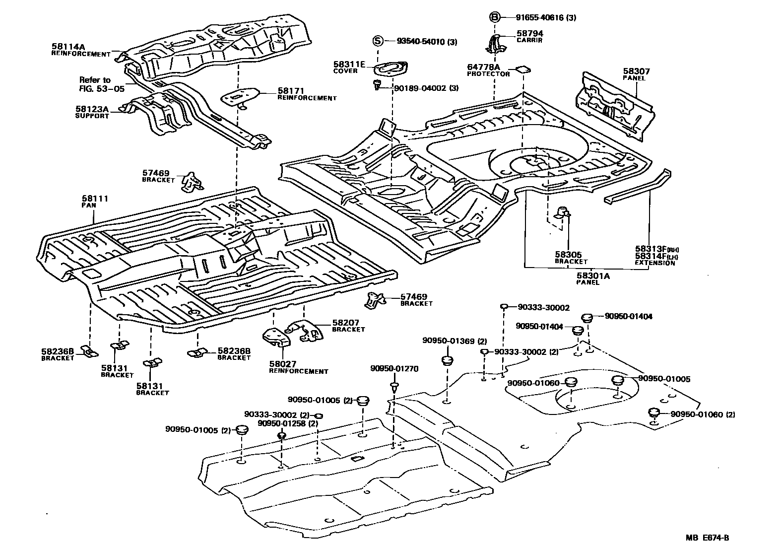 Toyota CAMRY 浅盘形地板和车身下背板 EPC diagram — MBE674B