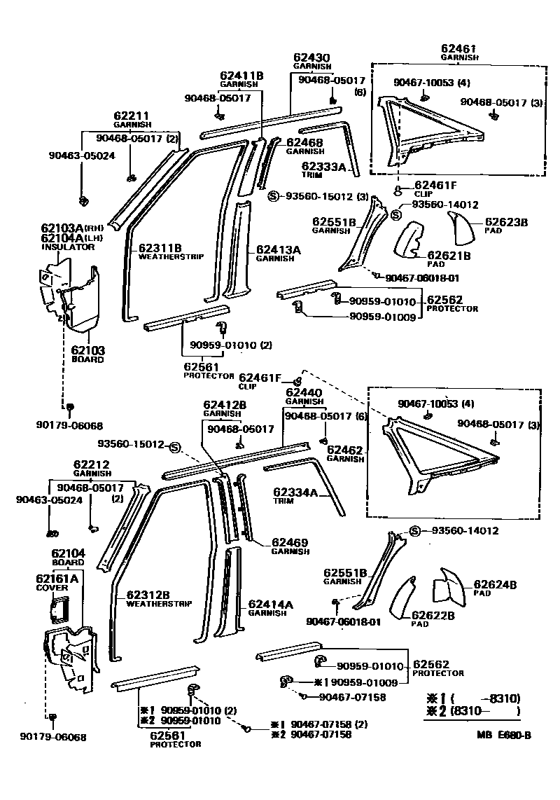 Toyota CAMRY 内饰板和车门防水胶条 EPC diagram — MBE680B