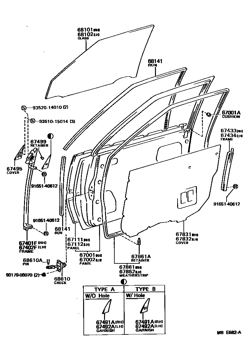 Toyota CAMRY 前门板和前门玻璃 EPC diagram — MBE682A