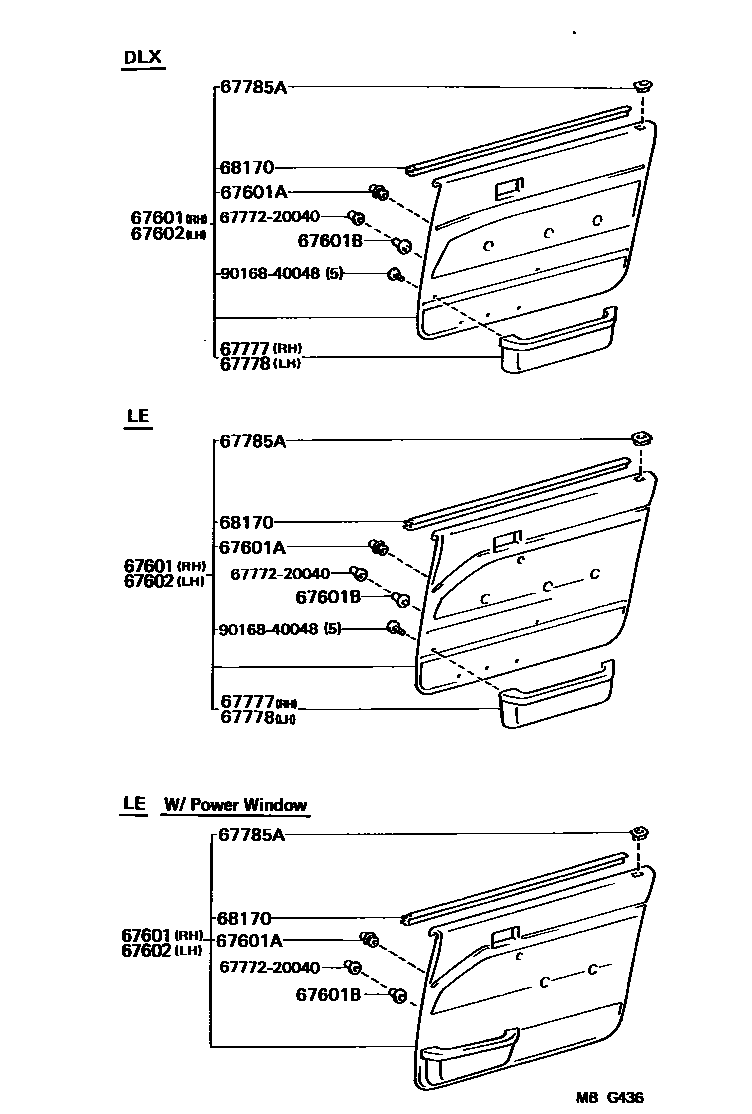 Toyota CAMRY 前门板和前门玻璃 EPC diagram — MBG436