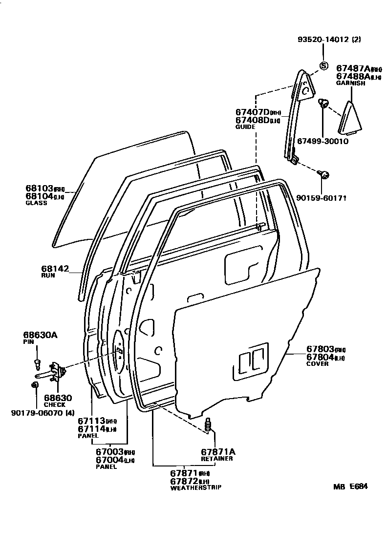 Toyota CAMRY 后门板和后门玻璃 EPC diagram — MBE684